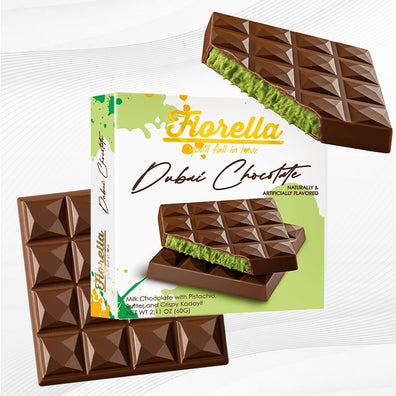 Chocolate bar with green filling and packaging labeled 'Fiorella' on a white background